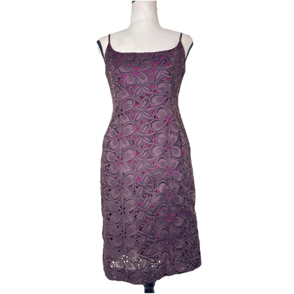 Vtg Ann Taylor Sleeveless Brown Y2K Eyelet Dress Empire Waist Magenta Lined Sz 6 - Picture 1 of 9